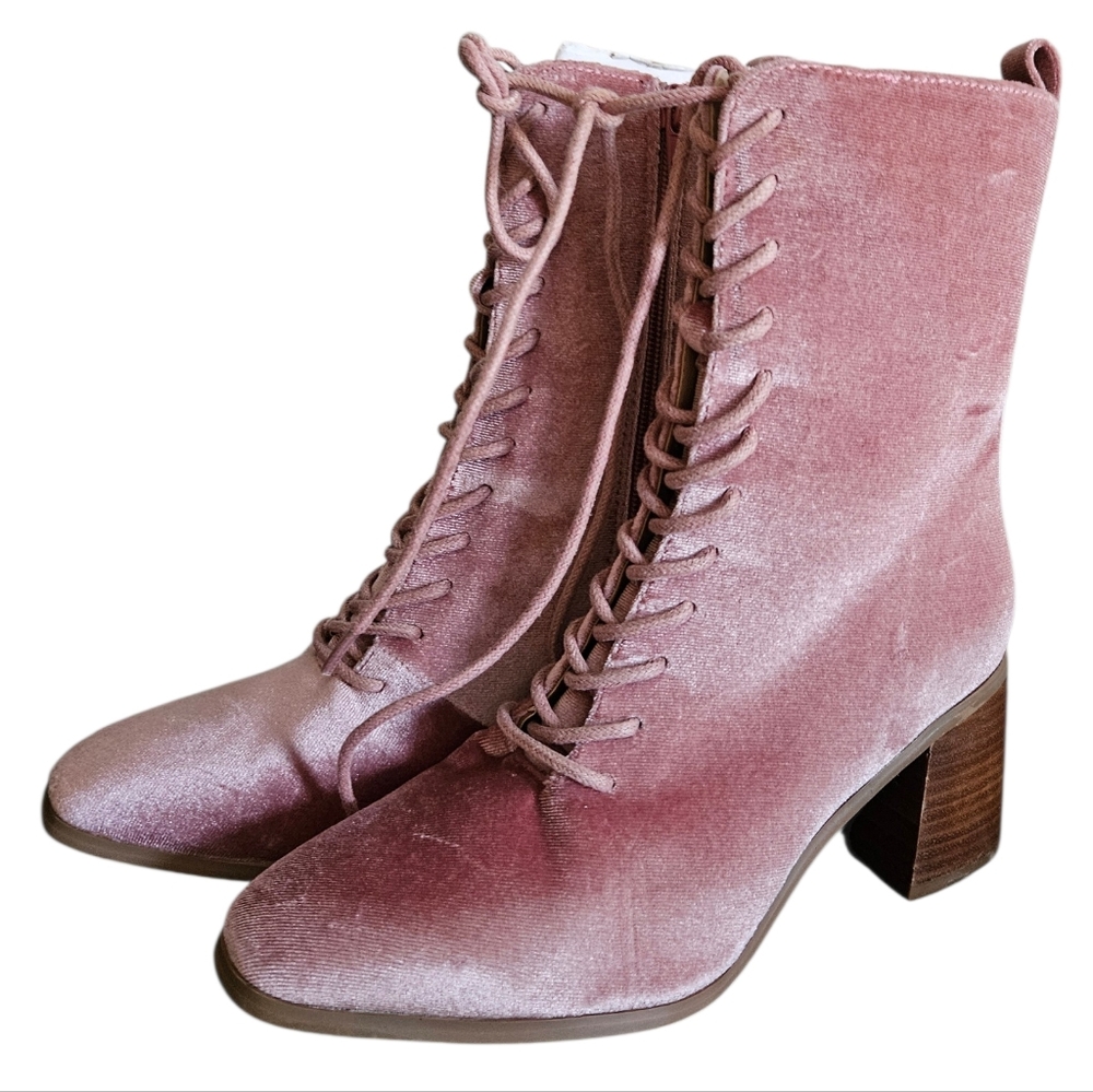 CROWN & IVY SANNA Pink Grandma Prairie Lace-Up Boots Crushed Velvet Cosplay Sz.7 - Picture 2 of 12